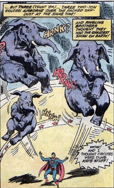 superman juggling elephants